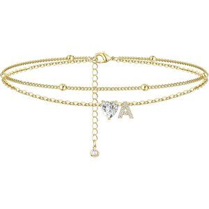Ankle Bracelets for Women Waterproof 14K Gold Plated CZ Initial Anklet for Women